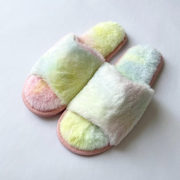Soft Plush Fuzzy Open Toe Cozy House Slippers Womens 9 Sherbert Multicolor - Picture 1 of 4
